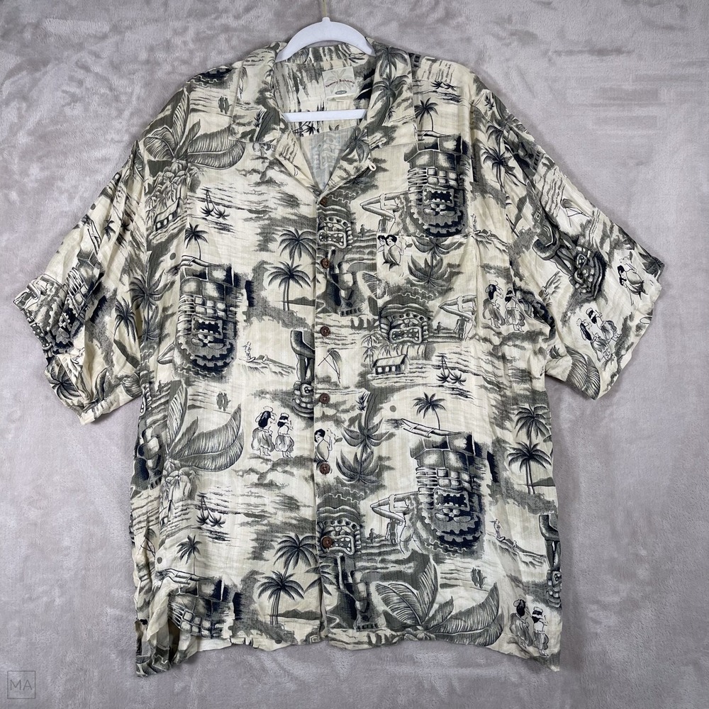 Tommy Bahama Men's Shirt Button Up Hawaiian Tropical 100% Silk Relax XL Grn/Crm